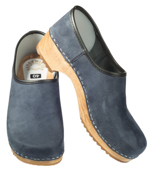 Holzschuh in Velour Navy