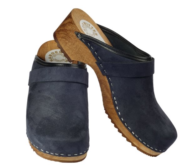 Holz Clog in Velour Navy mit PU Sohle