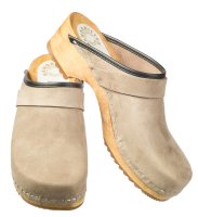 Holz Clog in Velour Taupe mit PU Sohle